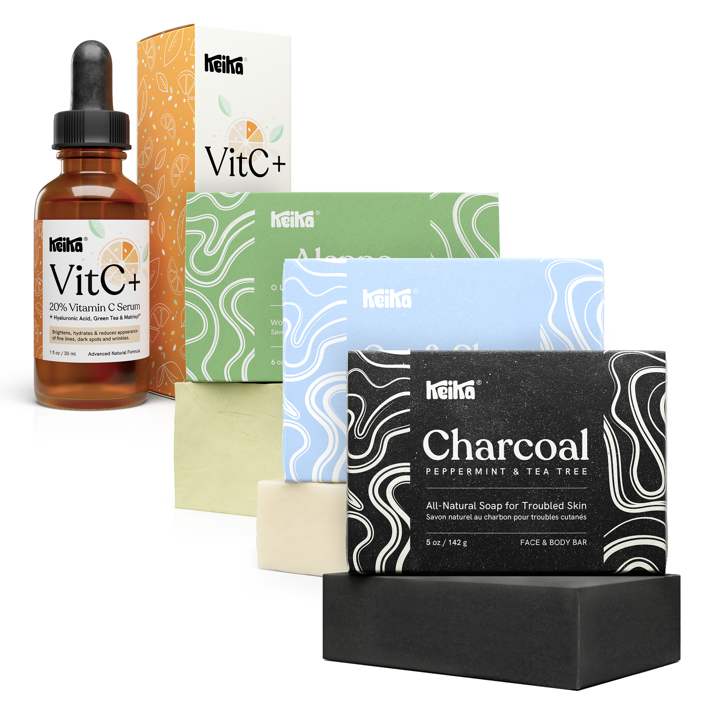 Charcoal, Oat & Shea, Aleppo Bar + VitC Facial Serum Bundle (4-Pack)